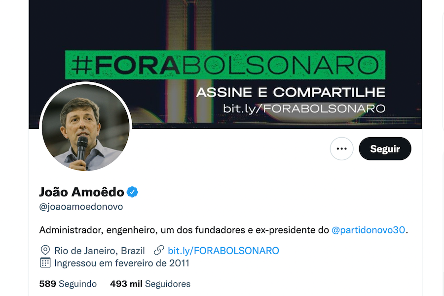 Perfil do Twitter de João Amoêdo, fundador do partido Novo, faz campanha contra Bolsonaro / Foto: Reprodução