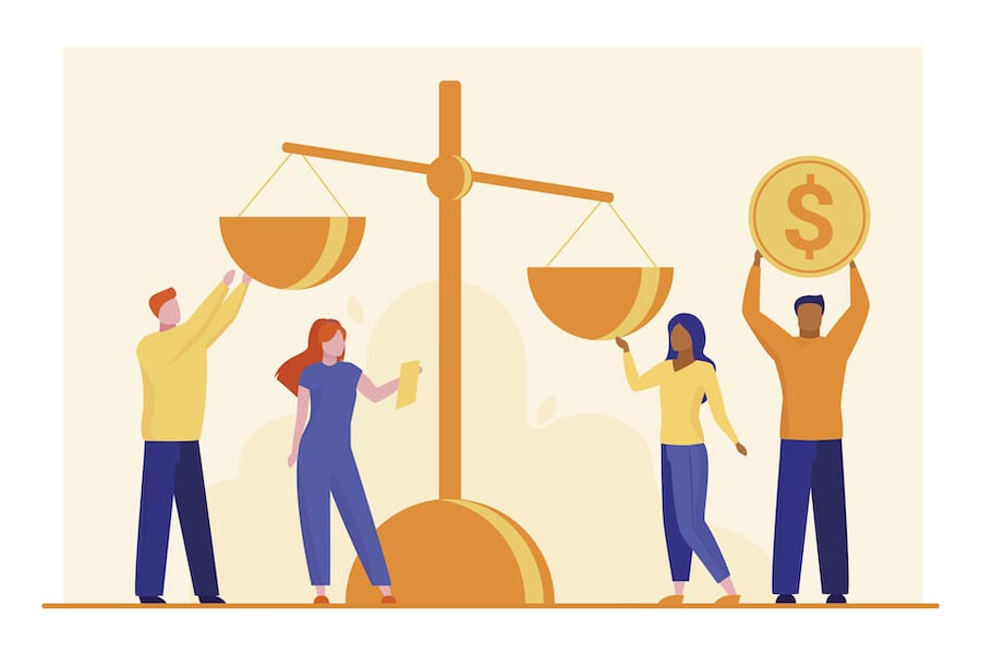 Imagem mostra pessoas colocando moedas na balança, numa ilustração / Foto: pch.vector/Freepik