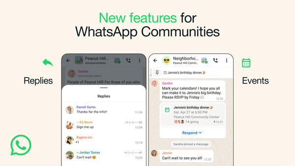Imagem extraída do WhatsApp mostra um título acima, que diz "Novas funcionalidades para as Comunidades do WhatsApp". Abaixo,