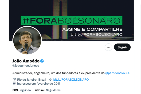 Perfil do Twitter de João Amoêdo, fundador do partido Novo, faz campanha contra Bolsonaro / Foto: Reprodução