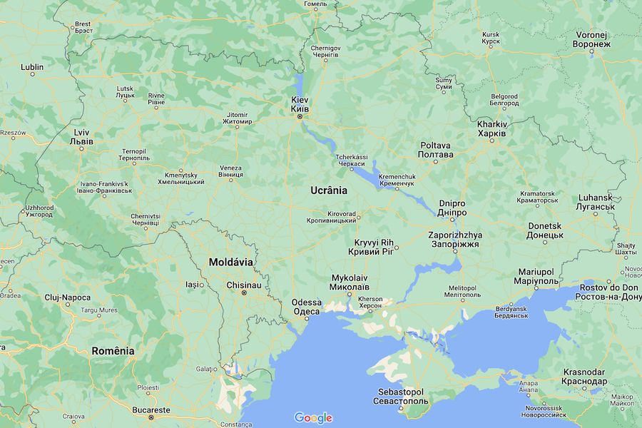 Mapa da Ucrânia mostra ao leste Donetsk e Luhansk, duas regiões consideradas independentes por Vladimir Putin / Foto: Reprodução/Google Maps