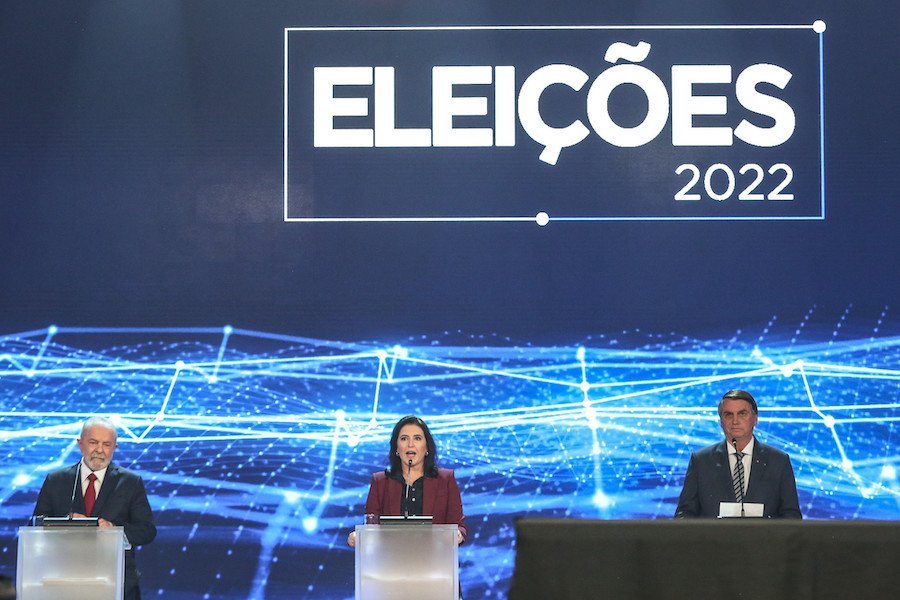 Simone Tebet, Lula e Jair Bolsonaro participa do debate presidencial das eleições 2022.