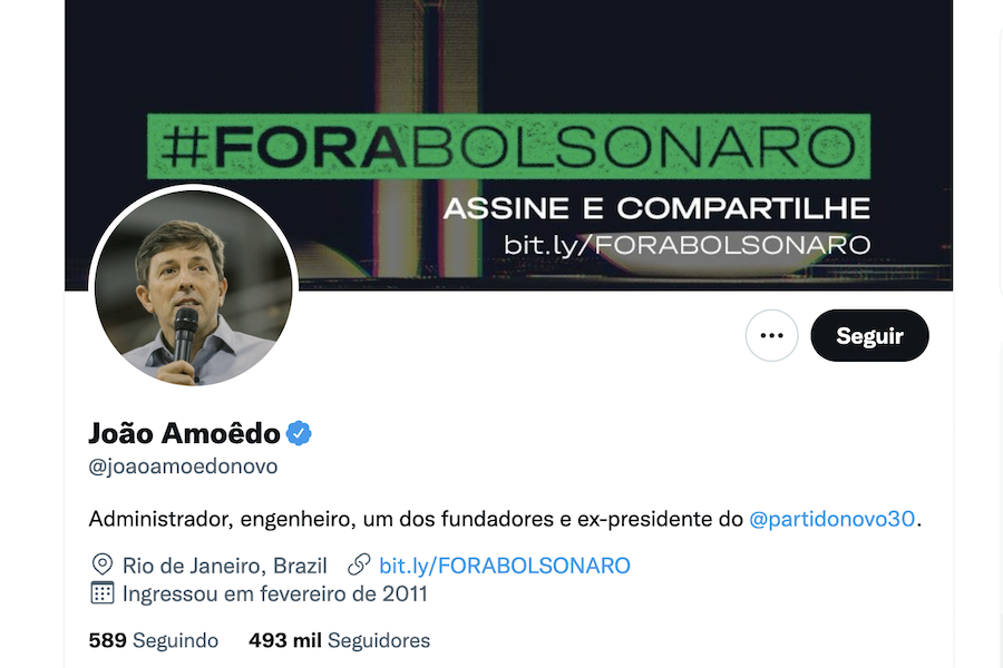 Perfil do Twitter de João Amoêdo, fundador do partido Novo, faz campanha contra Bolsonaro / Foto: Reprodução