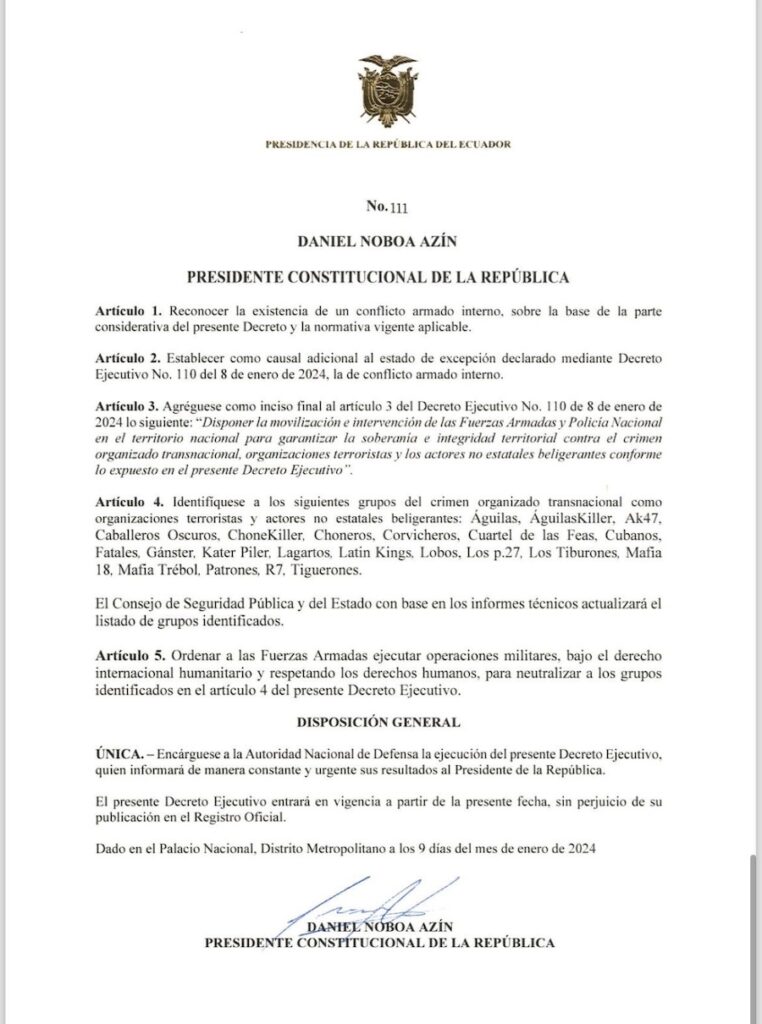 Íntegra do decreto do Equador que definiu conflito armado interno / 📸 Reprodução